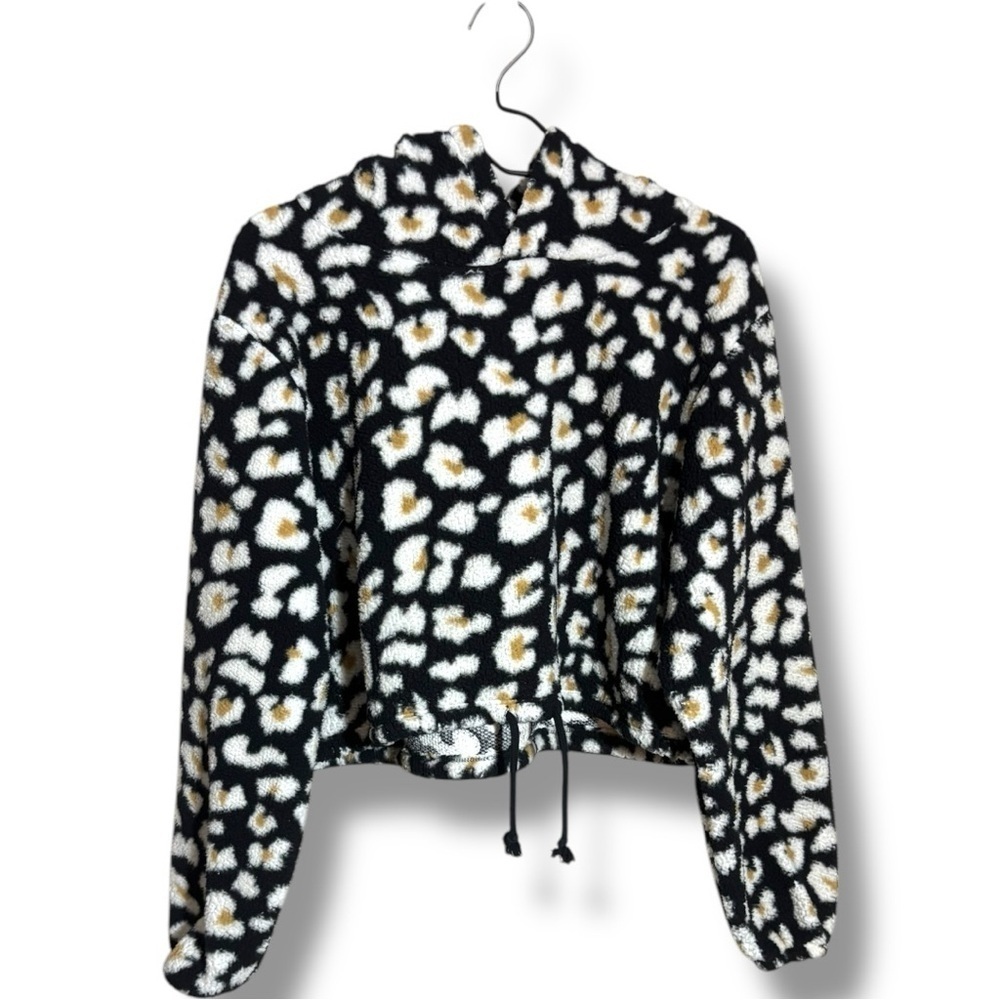 Wild Fable Black With Tan/White Animal Print Cropped Fleece Hooded Sweatshirt - Picture 13 of 16